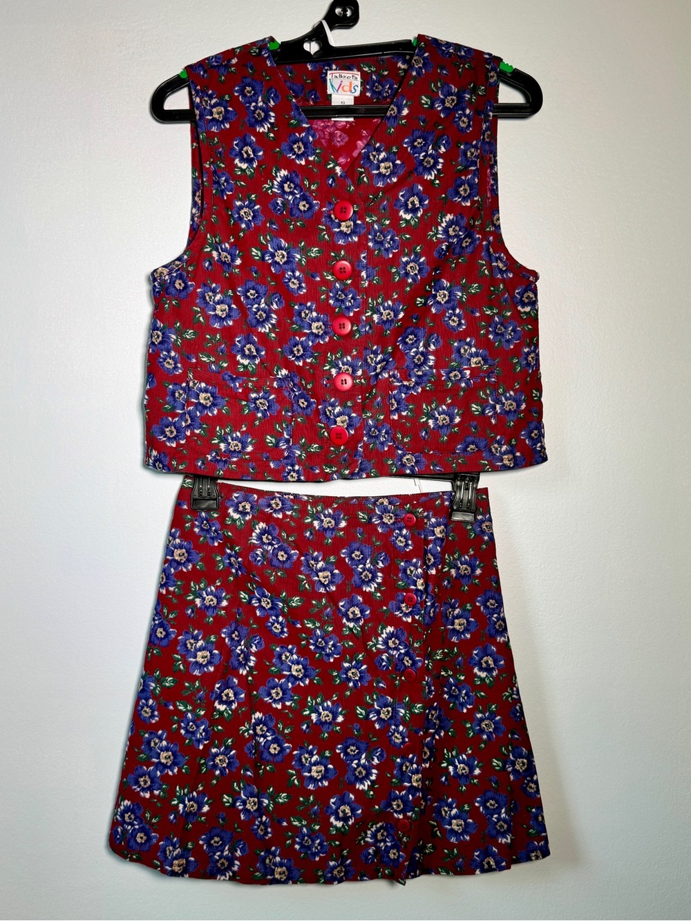 Vintage 90s Talbots Kids 2 Pc Corduroy Floral Vest Skirt Set Red Blue Size 10